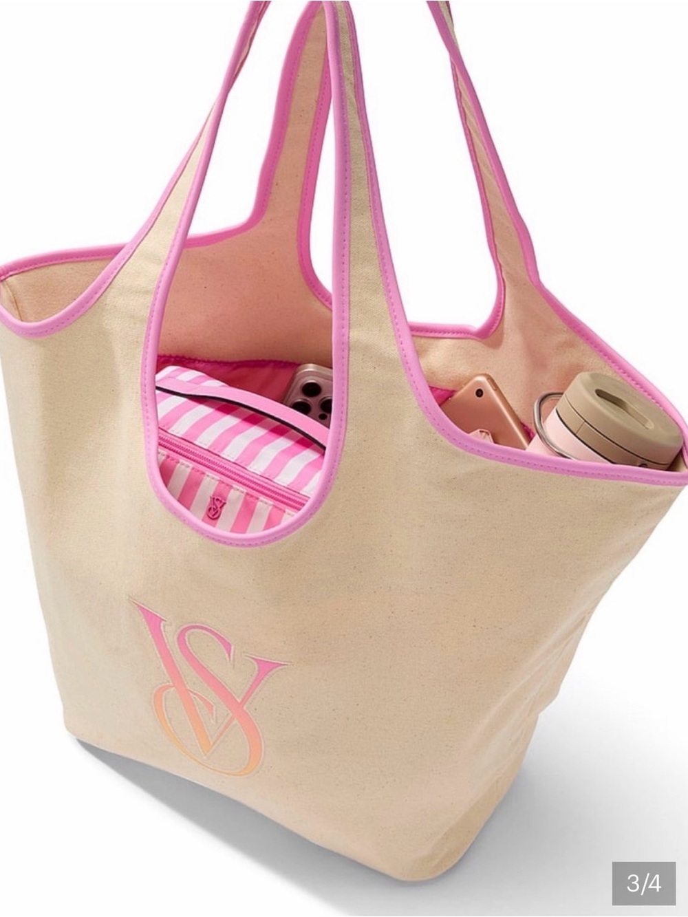 Victoria's Secret Beige Tote with Pink Trim and Monogram